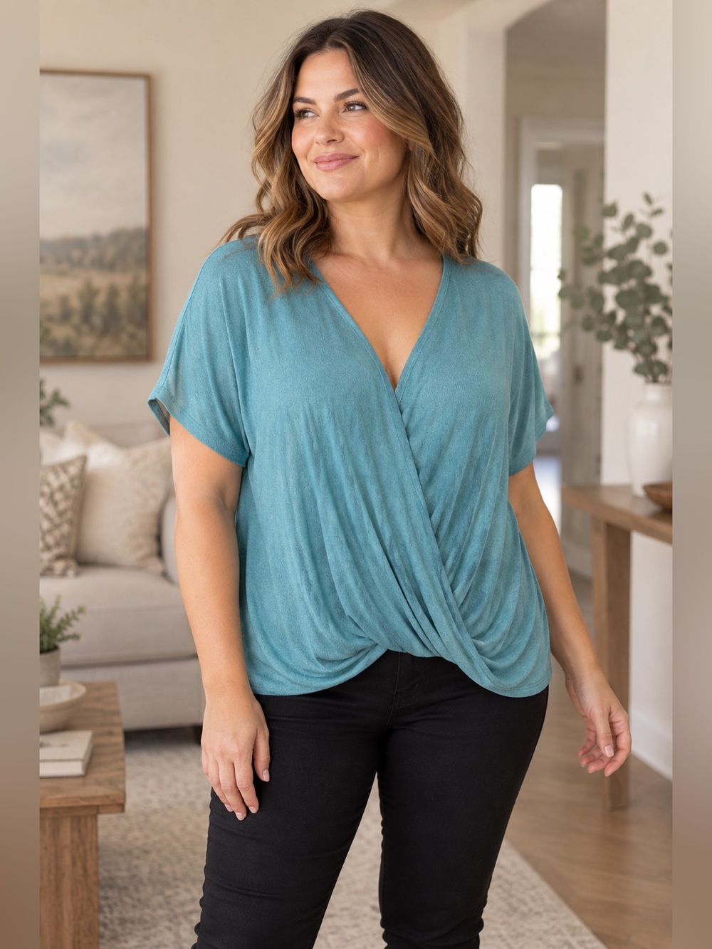 Zenana Outfitters Teal Draped Twist Front Dolman Top XL